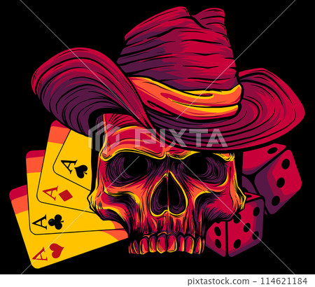 vector illustration of skull with hat and poker ace on black background 114621184