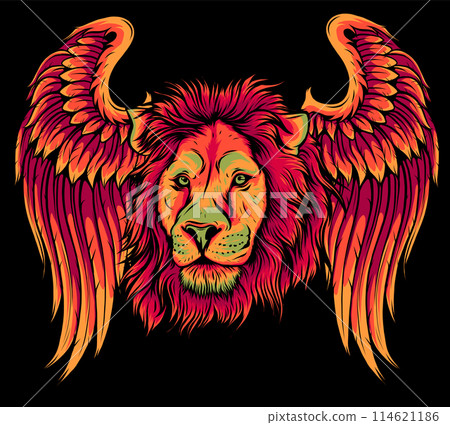 vector illustration of head Lion with Wings on black background 114621186