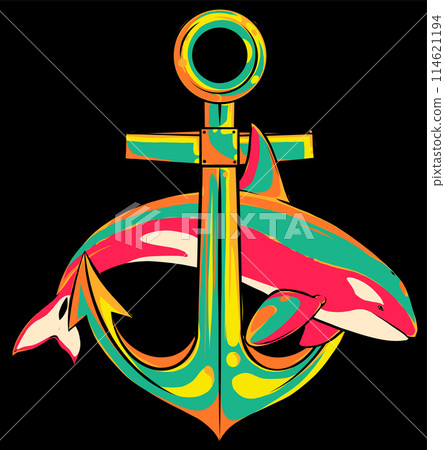 Killer Whale mascot and Anchor icon on black background. vector 114621194