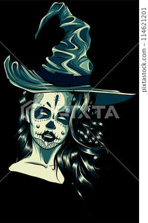 beautiful witch in a classic hat and coloured hair on black background 114621201