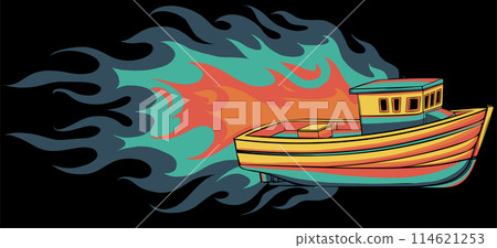 vector illustration of fishing boat with flames on black background. digital hand darw design 114621253
