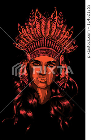 Beautiful girl in a headdress of North American Indians on black background Beautiful girl in a headdress of North American Indians on black background 114621255
