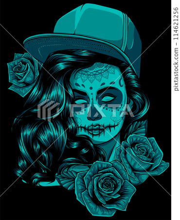 Skull and roses. Day of The Dead colorful Skull with ornament on black background Skull and roses. Day of The Dead colorful Skull with ornament on black background 114621256