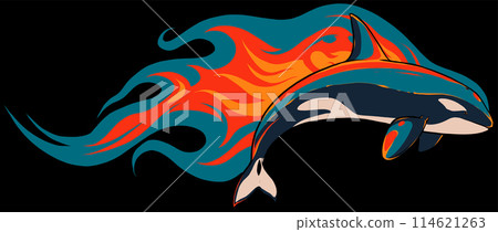killer whale with flames on black background vector illustration design 114621263