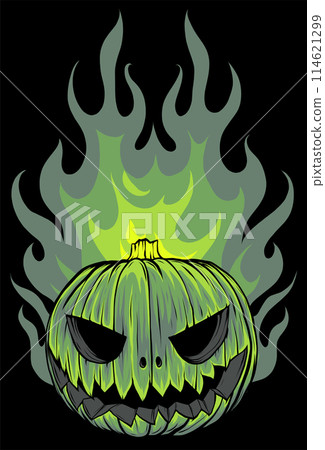 Vector of a Scary Flaming Halloween Pumpkin on black background Vector of a Scary Flaming Halloween Pumpkin on black background 114621299