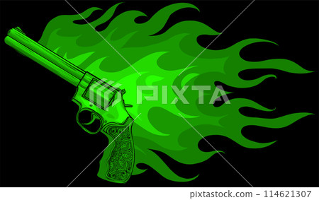 vectro illustration of revolver with flames on black background 114621307