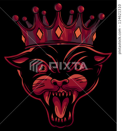 Black panther with crown on his head and open mouth on black background Black panther with crown on his head and open mouth on black background 114621310