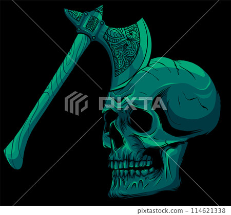 vector illustration of skull with ax on black background 114621338