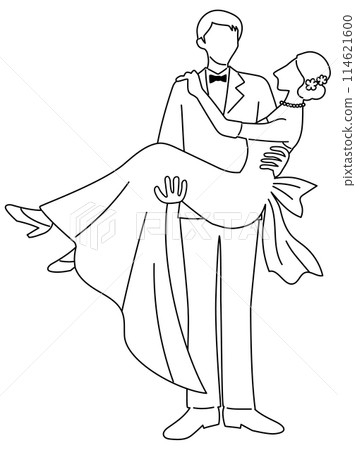 Line drawing of a groom holding up his bride 114621600