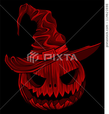 Cartoon halloween pumpkin wearing witch hat isolated on black background 114621698
