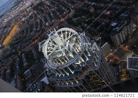 A view of Boston from the observation deck of the Prudential Tower. At the sunset 114621721