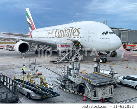 Emirates A380 preparing for departure at Dubai Airport 114621838