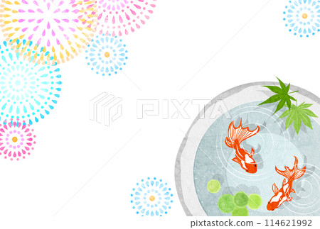 Summer greeting card, goldfish, fireworks, stone bowl, cute, illustration, horizontal 114621992