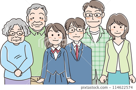 人物插畫_一家3代6口人_父親_母親_男學生_女學生_祖父母 114622574