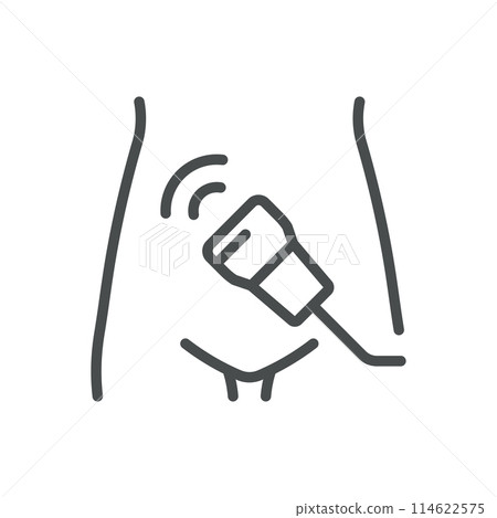 Abdominal Ultrasound Icon. Vector Line Illustration of Abdominal Ultrasound Procedure with Transducer Scanning Abdomen. Isolated Outline Medical Sign. 114622575
