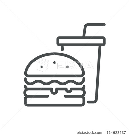 Fast Food Unhealthy Diet Icon. Vector Linear Illustration of Burger and Soda, Representing Poor Dietary Choices and Health Risks. Isolated Outline Sign. 114622587