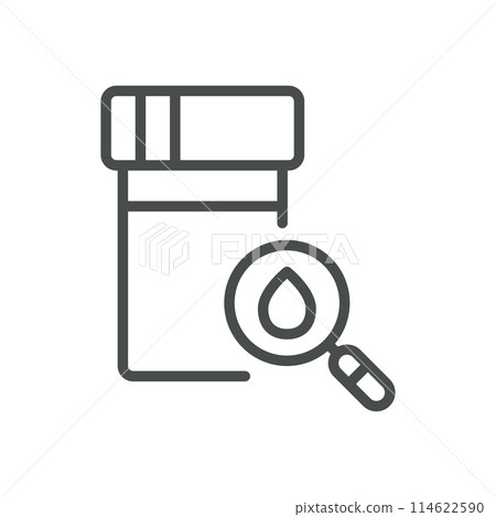 Hematuria Icon. Vector Illustration of Urine Sample with Blood Drop and Magnifying Glass, Representing Presence of Blood in Urine. Isolated Outline Medical Sign. 114622590