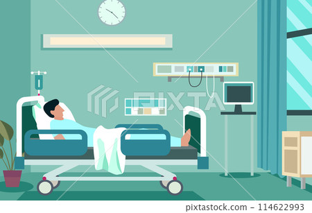 Sick Male Patient Sleeping on the Bed in Hospital Inpatient Room 114622993