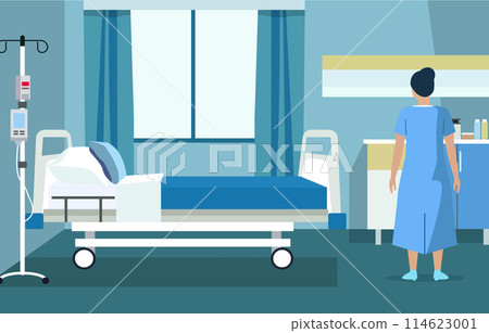 Back View of Female Nurse in Hospital Inpatient Room with Empty Bed 114623001
