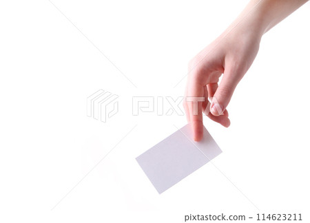 Woman holding white business card in hand isolated on a white background. 114623211
