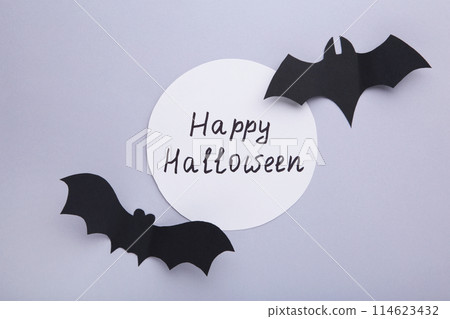 Inscription halloween with paper bats with spiders on grey background. Halloween concept Inscription halloween with paper bats with spiders on grey background. Halloween concept 114623432