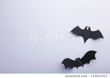 Two halloween paper bats on grey background. Halloween concept Two halloween paper bats on grey background. Halloween concept 114623433