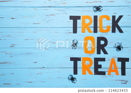 Inscription halloween with spiders on blue wooden background. Halloween concept 114623455