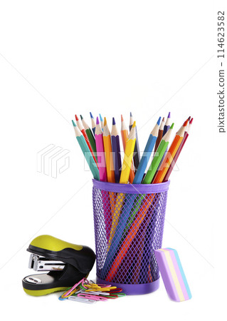 Color pencils in glass isolated on white background, top view 114623582