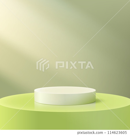 3D round white circle rests on top of a green cylinder podium with light beam on green background, minimal concept, product display, mockup, showroom, showcase 3D round white circle rests on top of a green cylinder podium with light beam on green background, minimal concept, product display, mockup, showroom, showcase 114623605