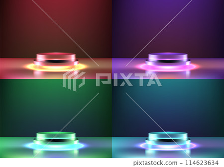 3D glowing neon colors podium on a pedestal featuring a glowing neon light. Ideal for showcasing technology awards or tech gadgets 3D glowing neon colors podium on a pedestal featuring a glowing neon light. Ideal for showcasing technology awards or tech gadgets 114623634