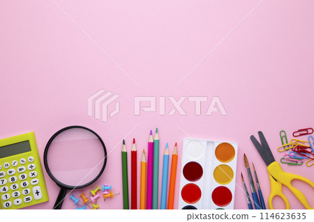 Back to school concept on pink background with copy space Back to school concept on pink background with copy space 114623635