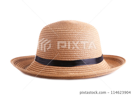 Summer panama straw hat with black ribbon isolated on white Summer panama straw hat with black ribbon isolated on white 114623904