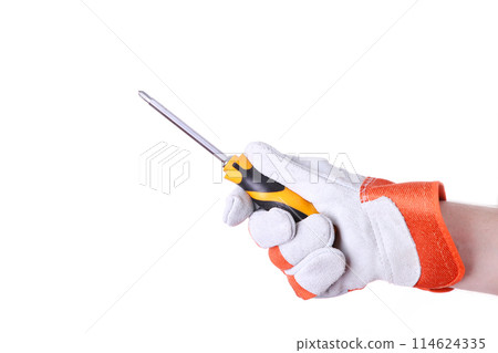 Hand holding a yellow and black screwdriver isolated over white background Hand holding a yellow and black screwdriver isolated over white background 114624335
