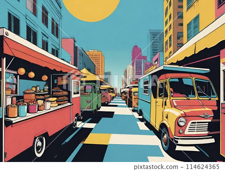 Streetscape with a red car, food truck event, illustration Streetscape with a red car, food truck event, illustration 114624365