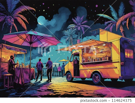 Couple walking on the beach at night Illustration of a food truck event Couple walking on the beach at night Illustration of a food truck event 114624375