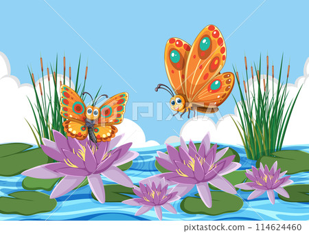 Colorful Butterflies Over Water Lilies Colorful Butterflies Over Water Lilies 114624460