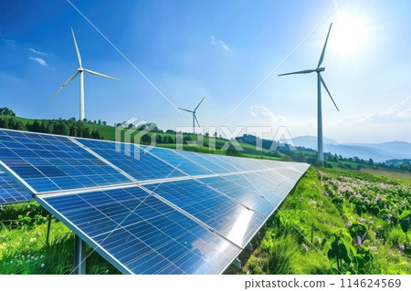 Solar energy panel photovoltaic cell and wind turbine farm power generator in nature landscape. 114624569