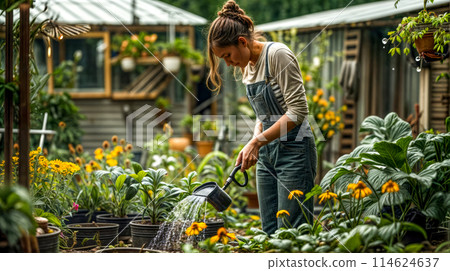 Woman watering flowers in garden with lots of plants in the background. Generative AI Woman watering flowers in garden with lots of plants in the background. Generative AI 114624637