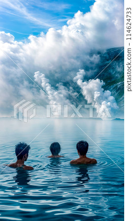 Two people in body of water with huge wave in the background. Generative AI 114624733