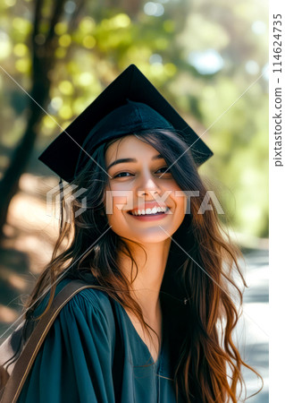 Woman in cap and gown smiles for the camera while wearing graduation gown. Generative AI 114624735