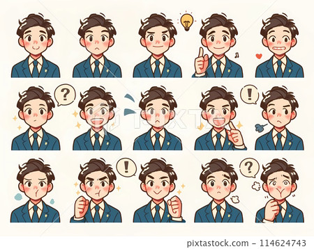 A set of 15 different facial expressions of a young man in a suit: smiling, wondering, thinking, motivated, etc. 114624743