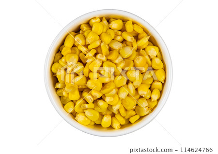 Top view of fresh corn seeds in white ceramic bowl isolated on white background. Top view of fresh corn seeds in white ceramic bowl isolated on white background. 114624766