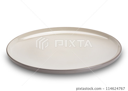 High angle view of brown ceramic plate with brown edge isolated on white background. 114624767
