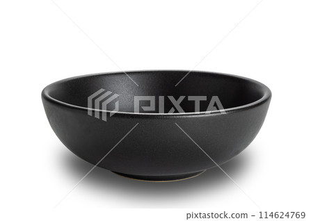 Closeup view of empty black ceramic bowl isolated on white background. 114624769