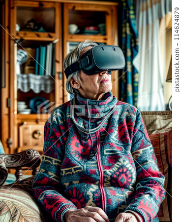 Woman sitting on couch wearing pair of virtual glasses on her head. Generative AI 114624879