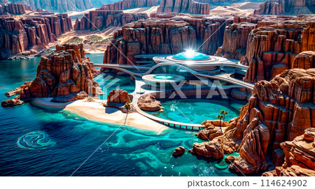 Artist's rendering of futuristic floating island in the middle of the ocean. Generative AI 114624902
