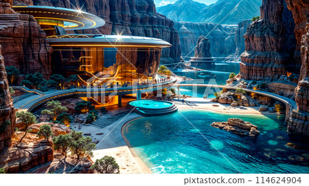 Futuristic building with pool in the middle of mountain area with waterfall in the background. Generative AI 114624904