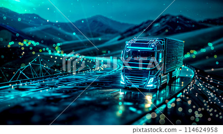 Semi truck driving down road in the middle of night time scene. Generative AI 114624958
