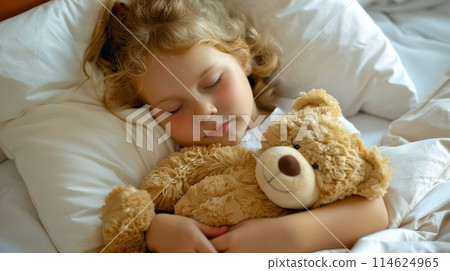 Peaceful Child Asleep with Teddy Bear in Cozy Bedroom Setting. Innocent Sleep, Comforting Plush Toy Companion. Nurturing Childhood Moments. AI 114624965