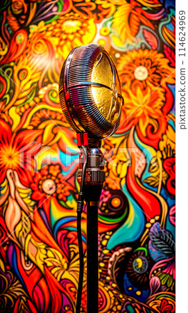 Microphone on tripod stands in front of colorful background of flowers. Generative AI 114624969